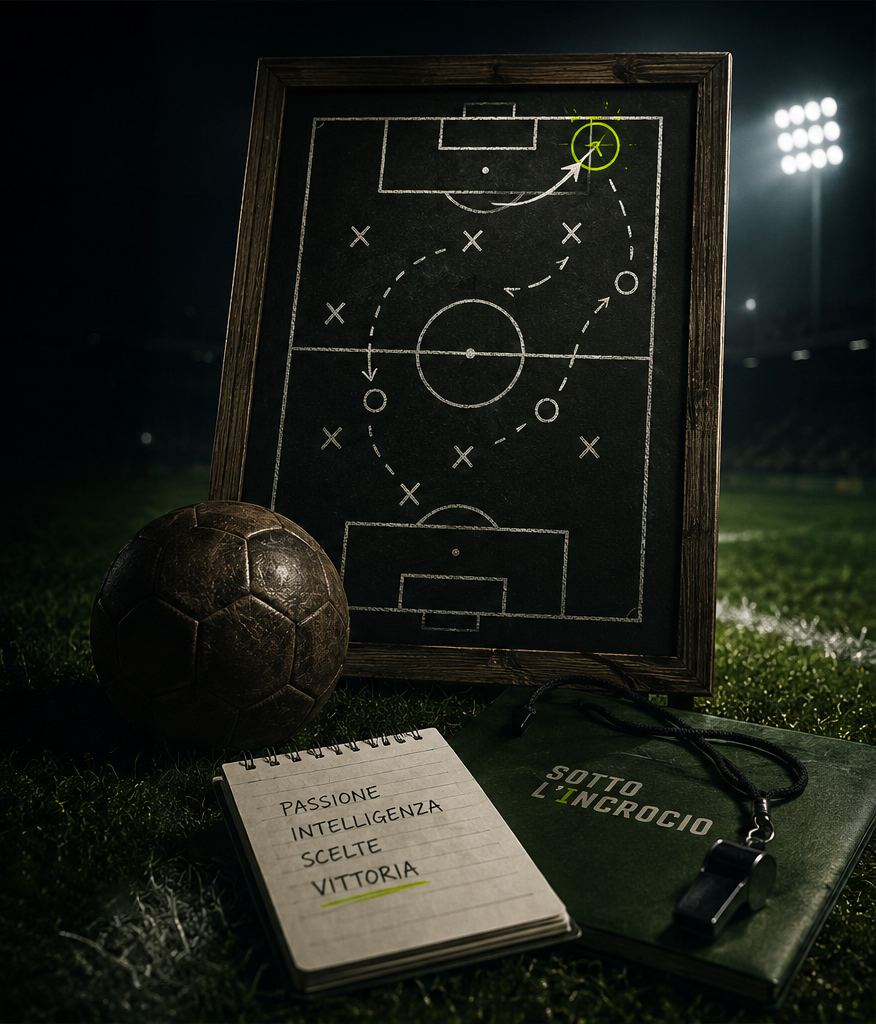 Lavagna tattica, pallone e taccuino su un campo da calcio